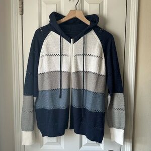 Color Block Zip-Up Hooded Knit Sweater